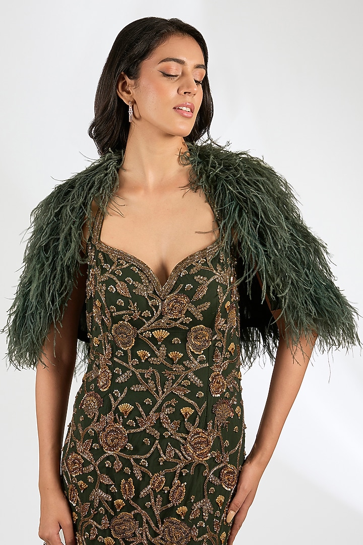 Bottle Green Italian Tulle Crystal Hand Embellished Bridal Gown With Cape by Bhawna Rao at Pernia's Pop Up Shop