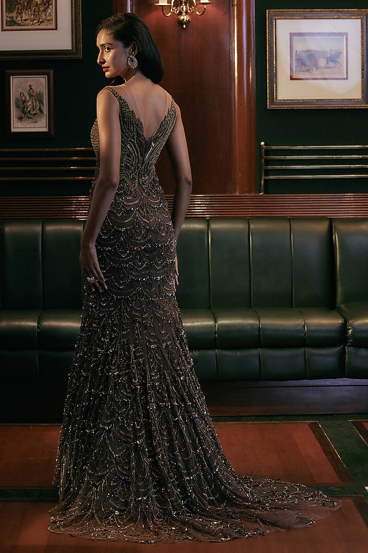 Flirty Brown Italian Tulle Crystal Hand Embroidered Bridal Gown by Bhawna Rao at Pernia's Pop Up Shop