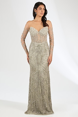 Sea Green Italian Tulle Hand Embroidered Gown by Bhawna Rao