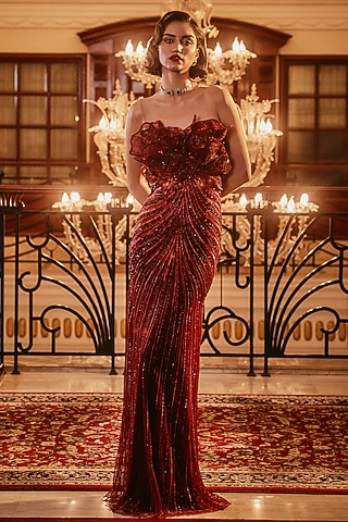 Rose Red Italian Tulle 3D Embroidered Gown by Bhawna Rao