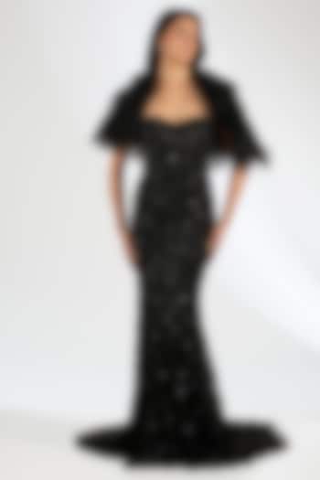 Black Italian Tulle Crystal Embroidered Bridal Gown With Cape by Bhawna Rao at Pernia's Pop Up Shop