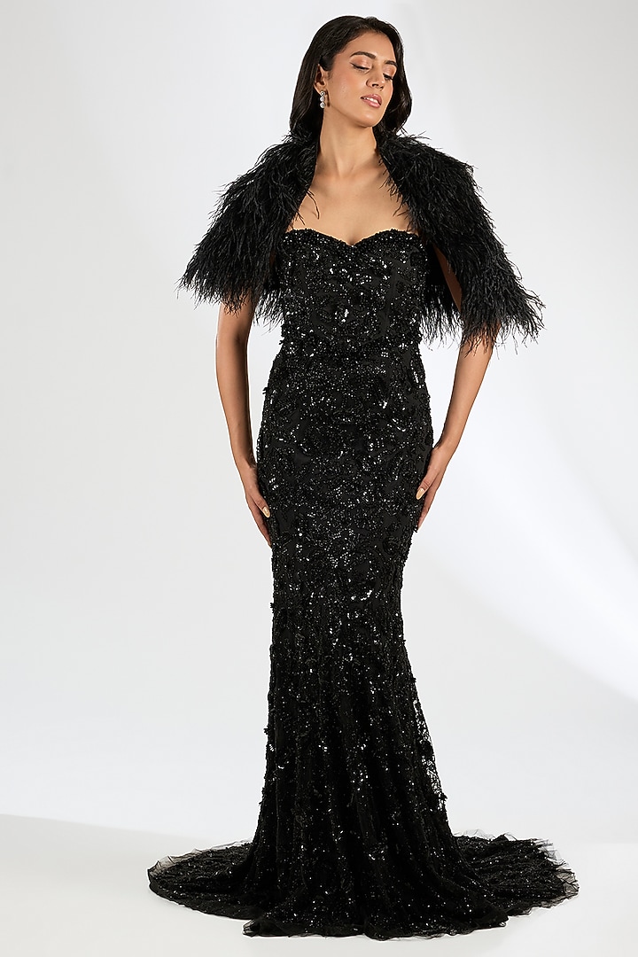 Black Italian Tulle Crystal Embroidered Bridal Gown With Cape by Bhawna Rao at Pernia's Pop Up Shop