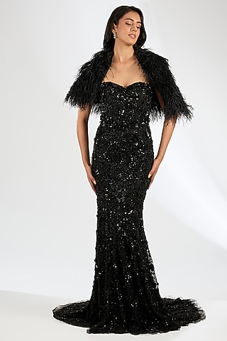 Black Italian Tulle Crystal Embroidered Gown With Cape by Bhawna Rao