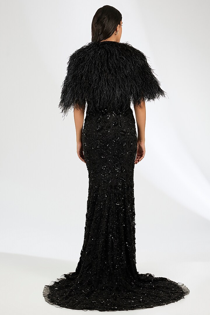 Black Italian Tulle Crystal Embroidered Bridal Gown With Cape by Bhawna Rao at Pernia's Pop Up Shop