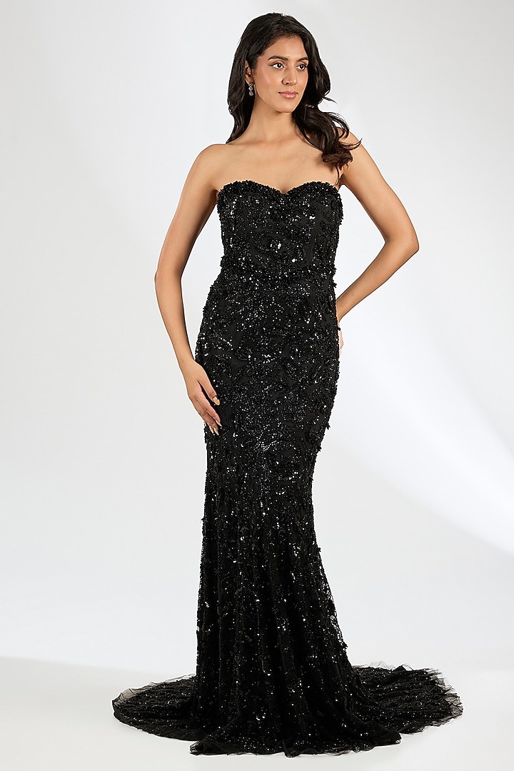 Black Italian Tulle Crystal Embroidered Bridal Gown With Cape by Bhawna Rao at Pernia's Pop Up Shop