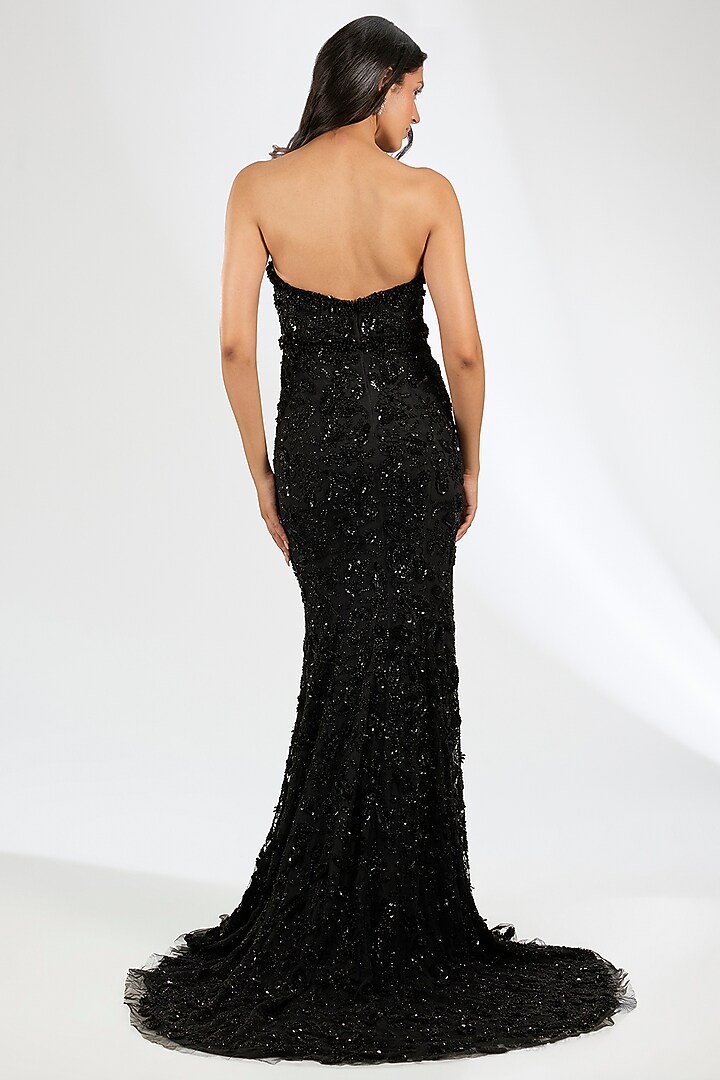 Black Italian Tulle Crystal Embroidered Bridal Gown With Cape by Bhawna Rao at Pernia's Pop Up Shop