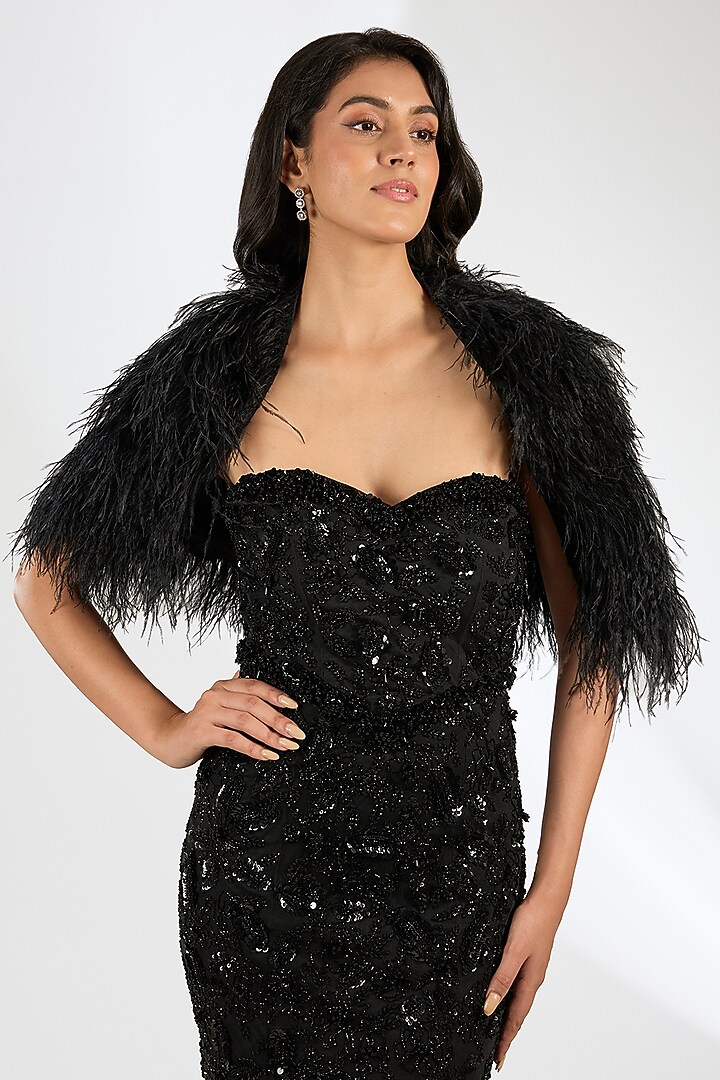 Black Italian Tulle Crystal Embroidered Bridal Gown With Cape by Bhawna Rao at Pernia's Pop Up Shop