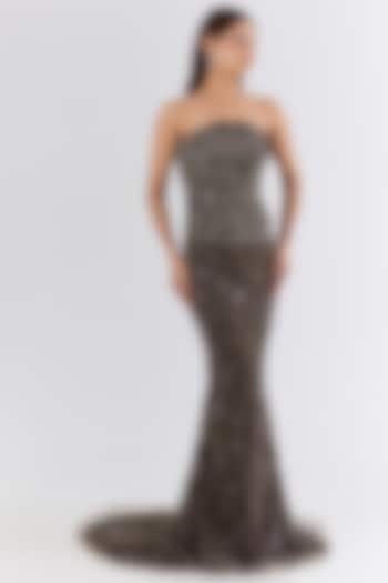 Brown Italian Tulle Sequin & Crystal Hand Embroidered Skirt Set by Bhawna Rao at Pernia's Pop Up Shop