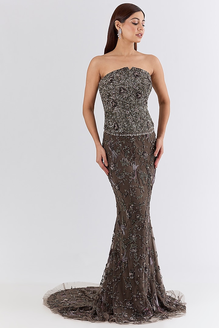 Brown Italian Tulle Sequin & Crystal Hand Embroidered Skirt Set by Bhawna Rao at Pernia's Pop Up Shop