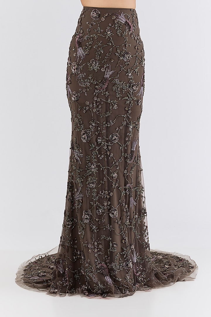 Brown Italian Tulle Sequin & Crystal Hand Embroidered Skirt Set by Bhawna Rao at Pernia's Pop Up Shop