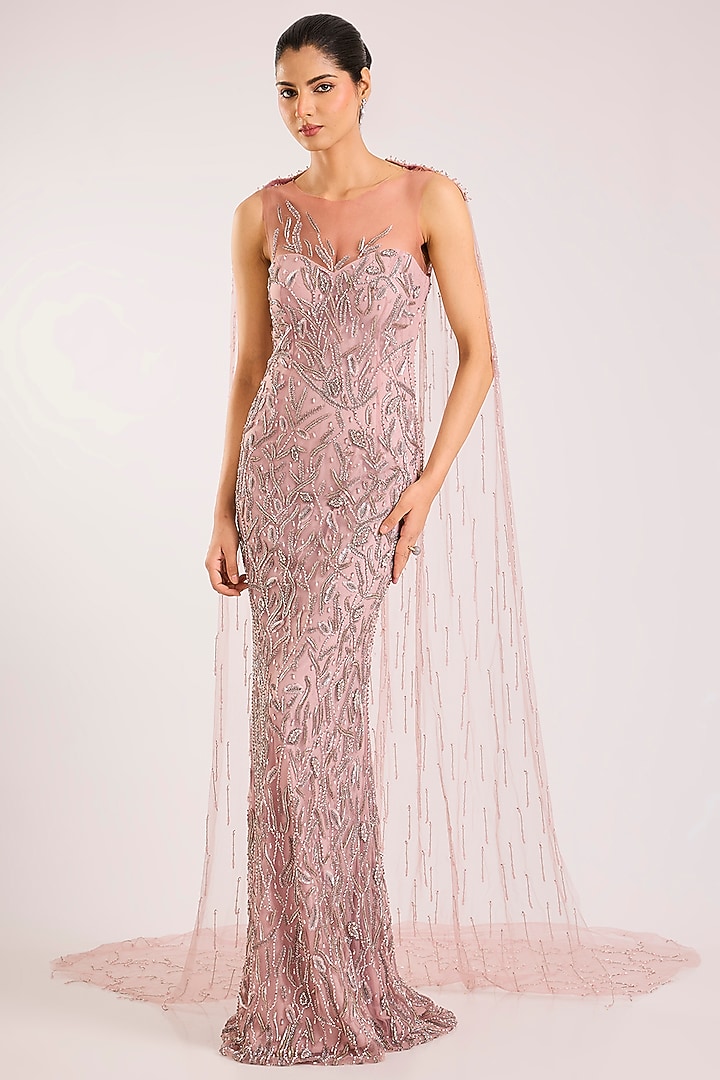 Soft Pink Italian Tulle & Silk Lycra Hand Embroidered Bridal Gown by Bhawna Rao at Pernia's Pop Up Shop
