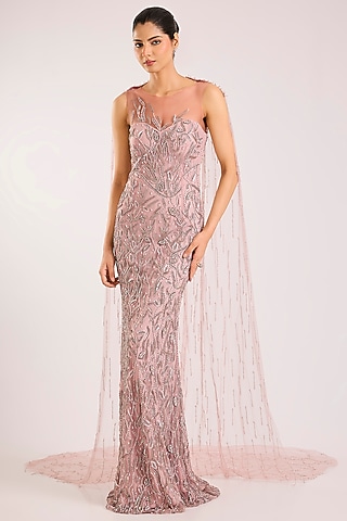 Soft Pink Italian Tulle & Silk Lycra Hand Embroidered Gown by Bhawna Rao