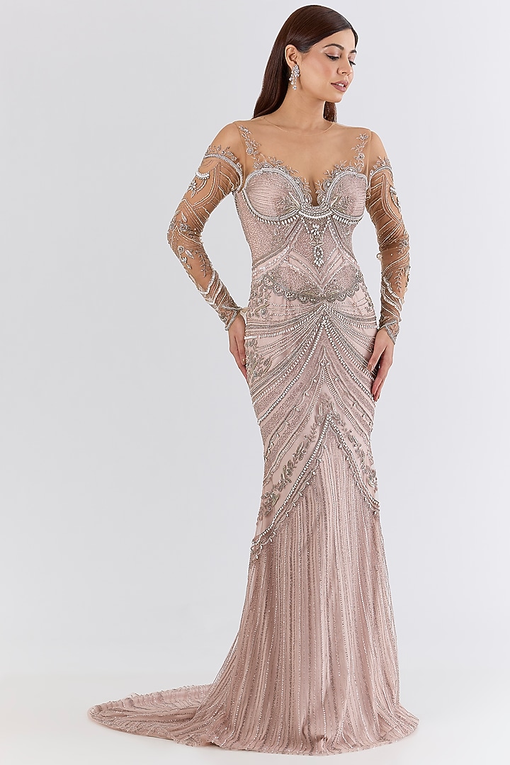 Soft Pink Italian Tulle Bead & Crystal Hand Embellished Wedding Gown by Bhawna Rao at Pernia's Pop Up Shop