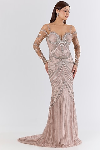 Soft Pink Italian Tulle Bead & Crystal Hand Embellished Gown by Bhawna Rao