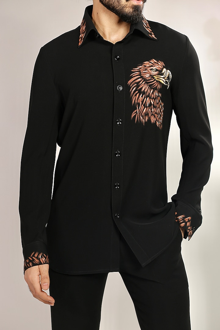 Black Suiting Hand Painted Placement Wedding Shirt by Bharat Reshma at Pernia's Pop Up Shop