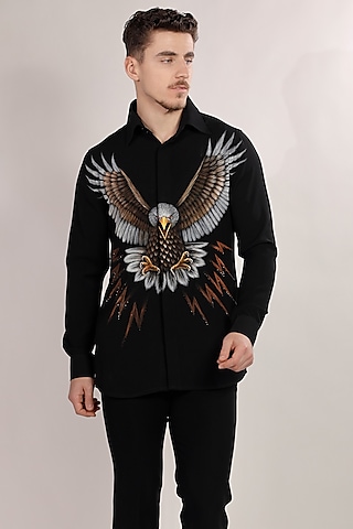 Black Suiting Hand Painted Placement Shirt by Bharat Reshma