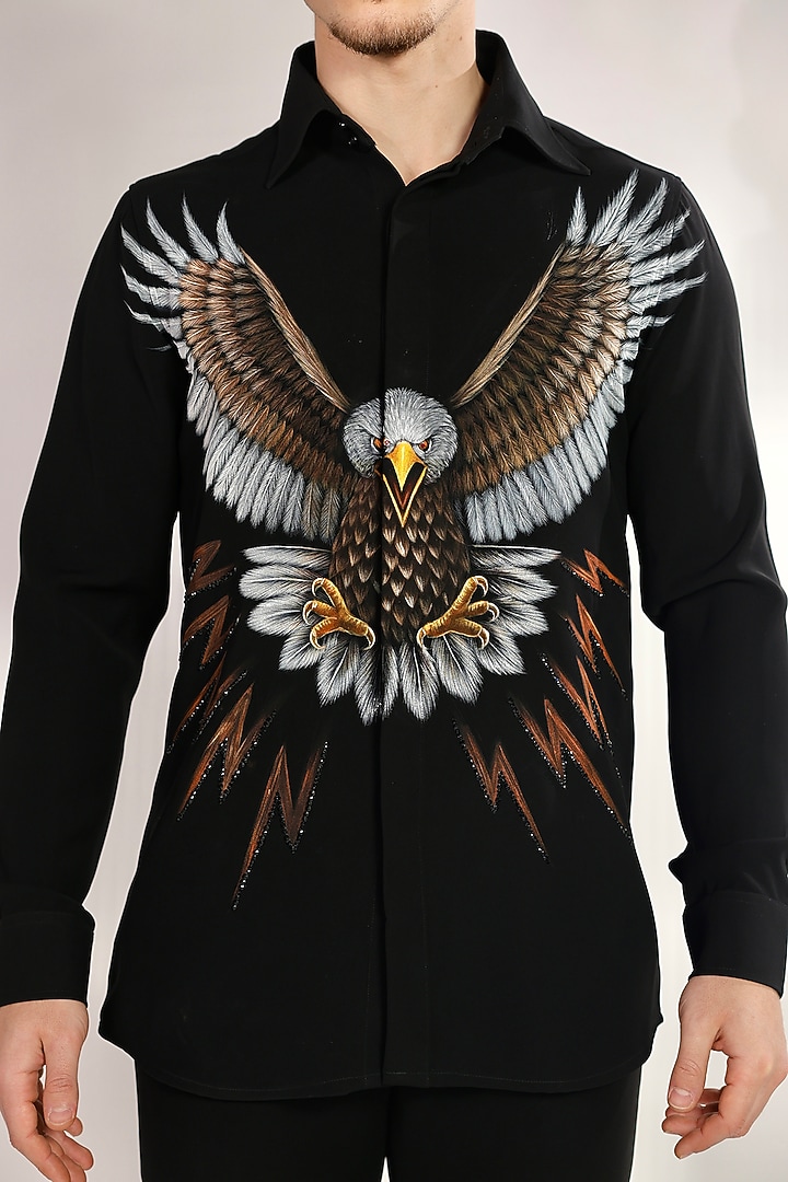 Black Suiting Hand Painted Placement Wedding Shirt by Bharat Reshma at Pernia's Pop Up Shop