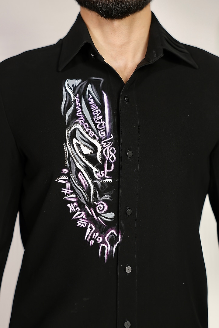 Black Suiting Hand Painted Placement Wedding Shirt by Bharat Reshma at Pernia's Pop Up Shop