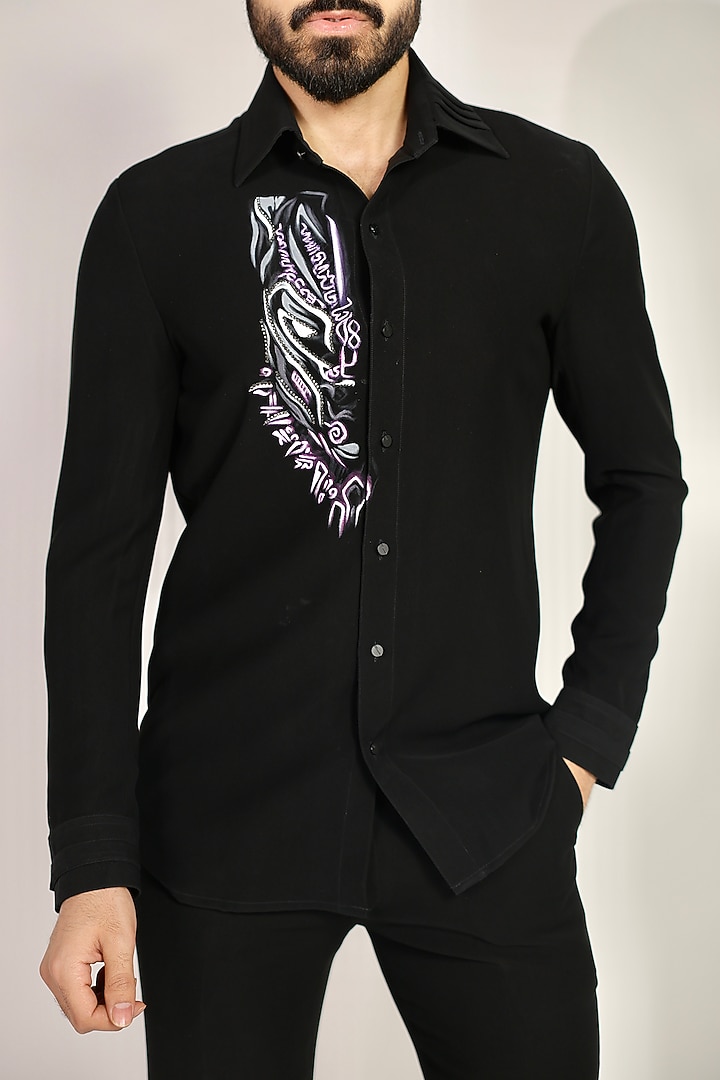 Black Suiting Hand Painted Placement Wedding Shirt by Bharat Reshma at Pernia's Pop Up Shop