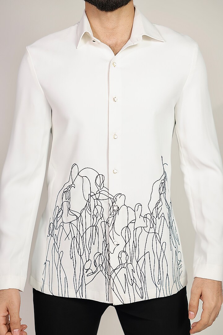 White Suiting Resham Hand Embroidered Wedding Shirt by Bharat Reshma at Pernia's Pop Up Shop