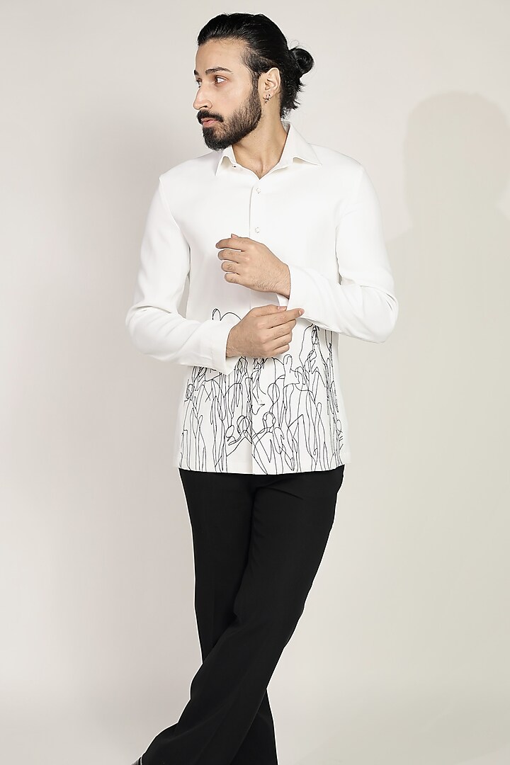 White Suiting Resham Hand Embroidered Wedding Shirt by Bharat Reshma at Pernia's Pop Up Shop