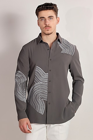 Grey Suiting Resham Embroidered Shirt by Bharat Reshma