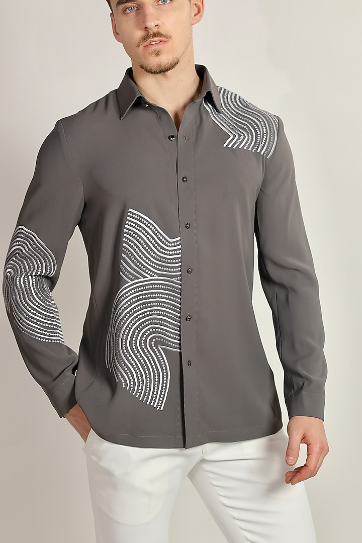 Grey Suiting Resham Embroidered Party Wear Shirt by Bharat Reshma at Pernia's Pop Up Shop