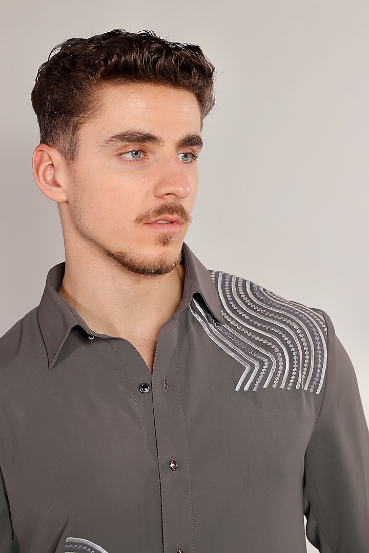 Grey Suiting Resham Embroidered Party Wear Shirt by Bharat Reshma at Pernia's Pop Up Shop