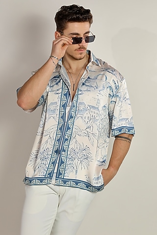 Ivory Satin Digital printed Shirt by Bharat Reshma
