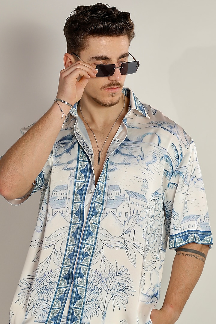 Ivory Satin Digital printed Party Wear Shirt by Bharat Reshma at Pernia's Pop Up Shop