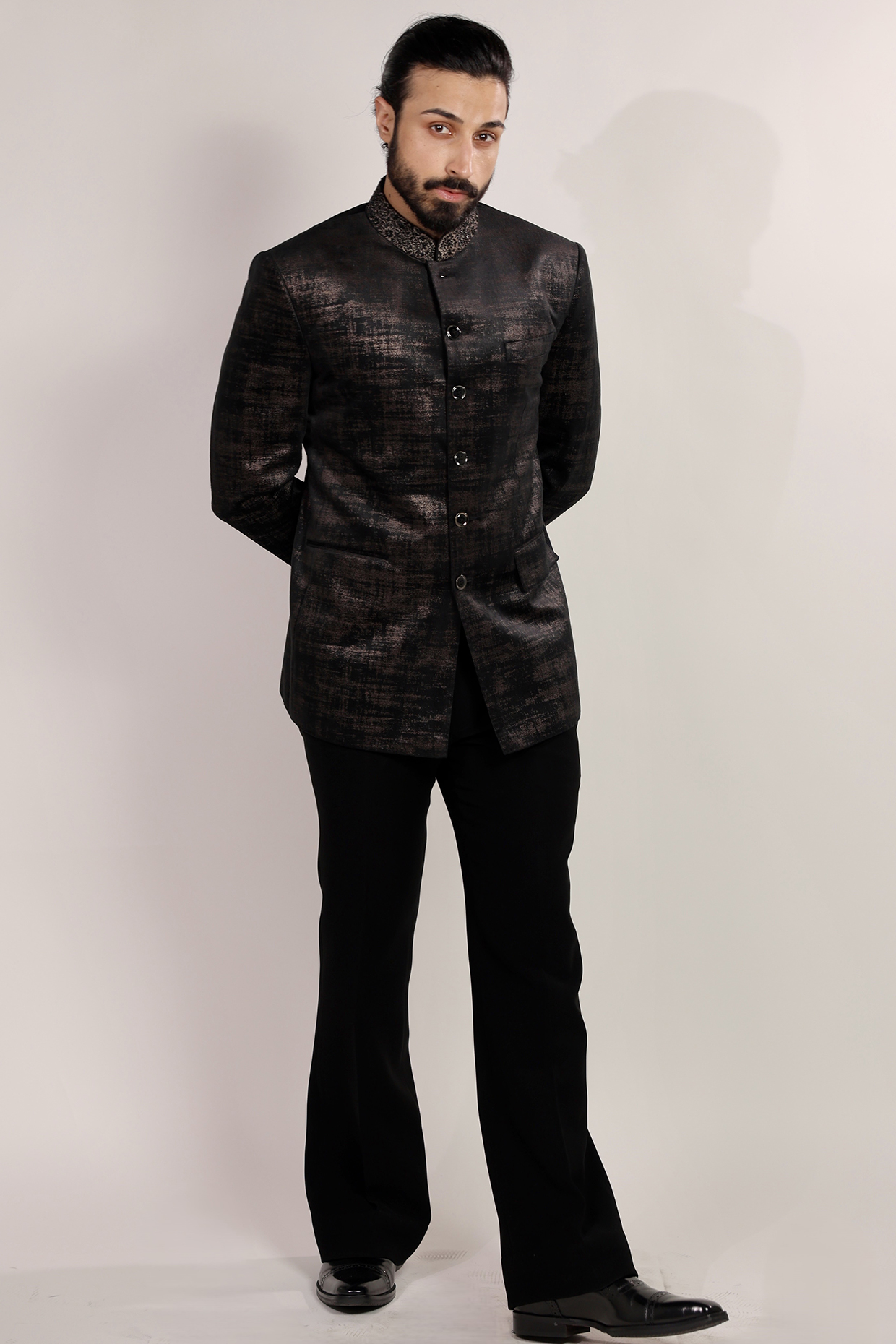Black Micro Velvet Cutdana Hand Embroidered Bandhgala Set by Bharat Reshma