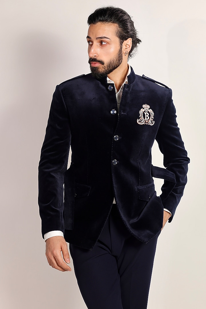 Blue Velvet Patchwork Embroidered Wedding Bandhgala Set by Bharat Reshma at Pernia's Pop Up Shop