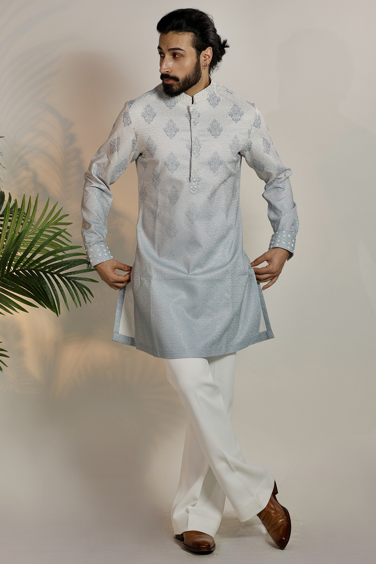 Blue Ombre Cotton Thread Embroidered Kurta Set by Bharat Reshma