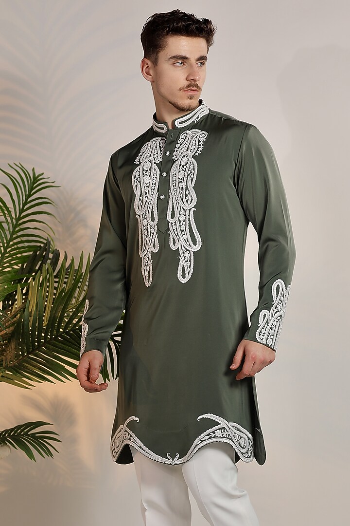 Green Magna Suiting Resham & Zari Embroidered Kurta Set by Bharat Reshma at Pernia's Pop Up Shop