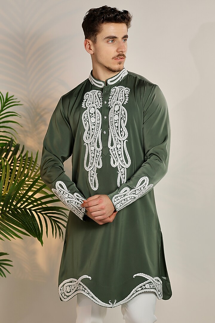 Green Magna Suiting Resham & Zari Embroidered Kurta Set by Bharat Reshma at Pernia's Pop Up Shop