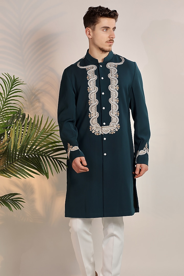Green Magna Suiting Resham & Pearl Embroidered Kurta Set by Bharat Reshma at Pernia's Pop Up Shop
