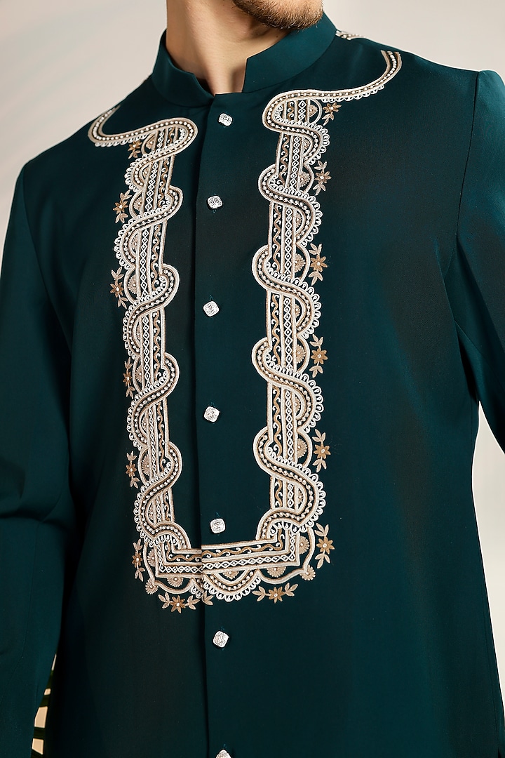 Green Magna Suiting Resham & Pearl Embroidered Kurta Set by Bharat Reshma at Pernia's Pop Up Shop
