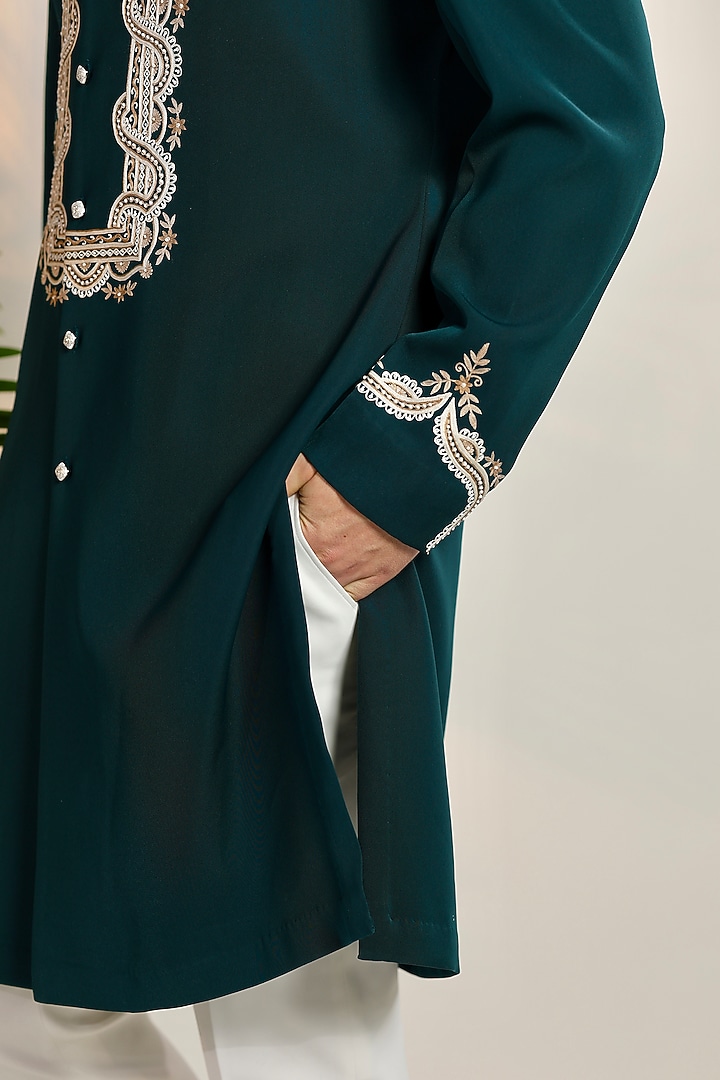 Green Magna Suiting Resham & Pearl Embroidered Kurta Set by Bharat Reshma at Pernia's Pop Up Shop