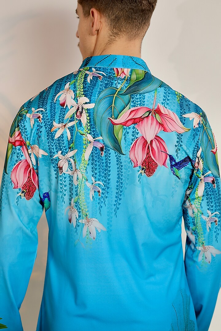 Blue Satin Floral Digital Printed Kurta Set by Bharat Reshma at Pernia's Pop Up Shop