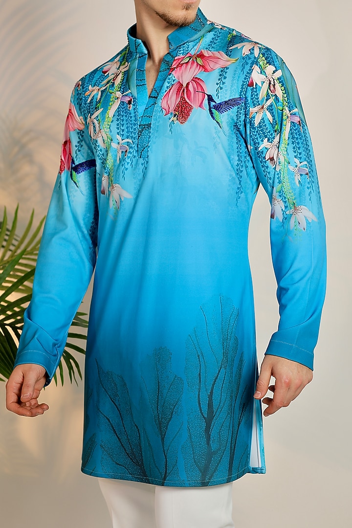 Blue Satin Floral Digital Printed Kurta Set by Bharat Reshma at Pernia's Pop Up Shop