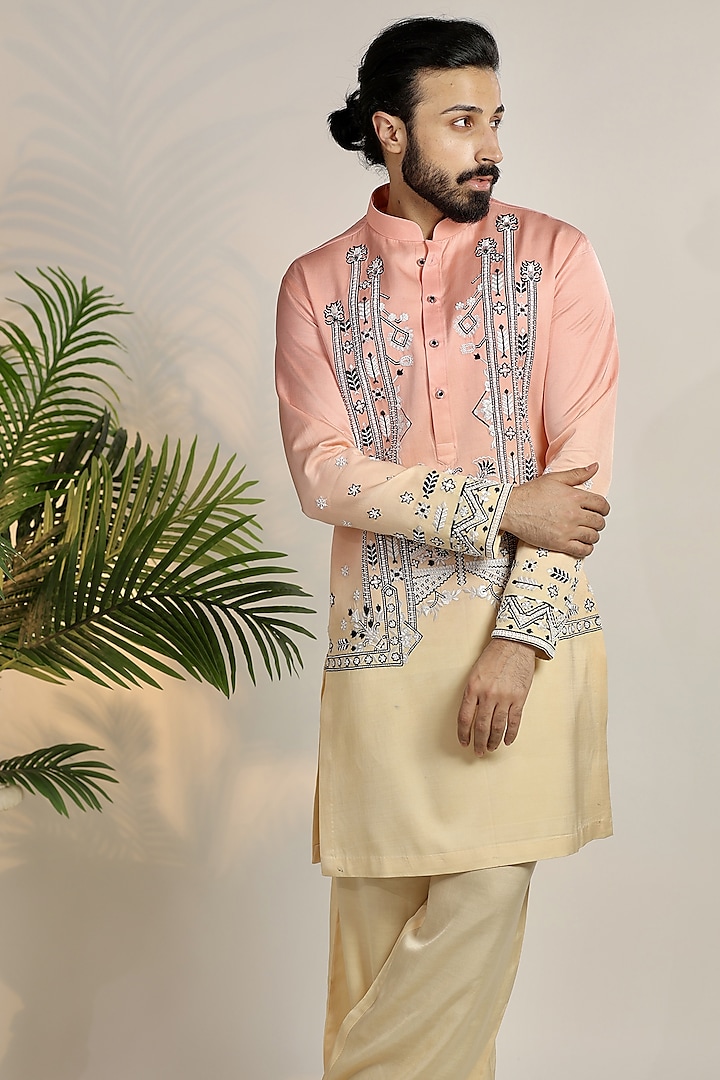 Pink Ombre Cotton Floral Aari Embroidered Kurta Set by Bharat Reshma at Pernia's Pop Up Shop