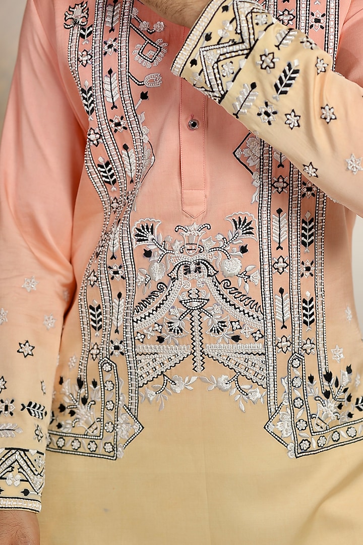 Pink Ombre Cotton Floral Aari Embroidered Kurta Set by Bharat Reshma at Pernia's Pop Up Shop