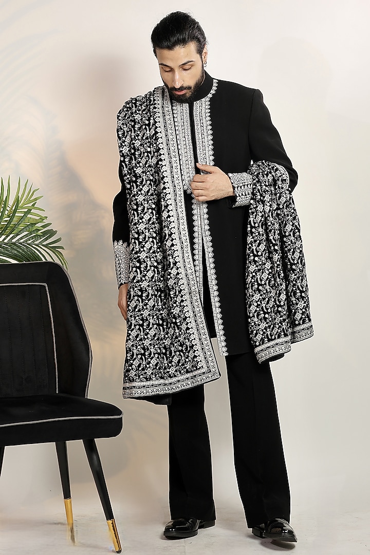 Black Magna Suiting Resham Embroidered Wedding Indowestern Set by Bharat Reshma at Pernia's Pop Up Shop