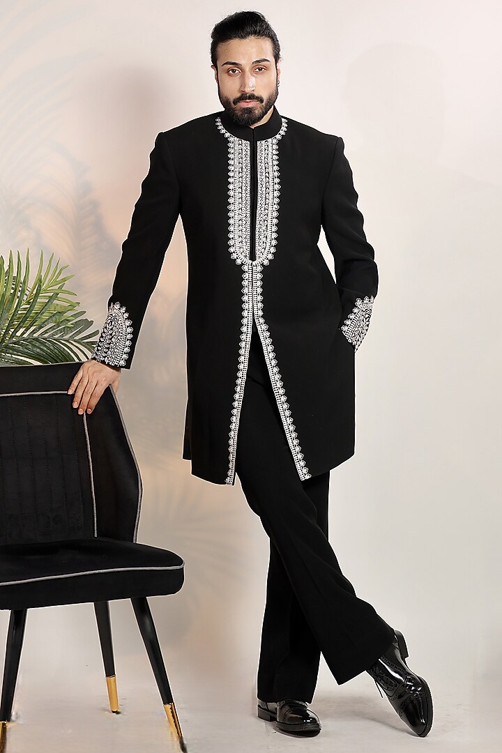 Black Magna Suiting Resham Embroidered Wedding Indowestern Set by Bharat Reshma at Pernia's Pop Up Shop