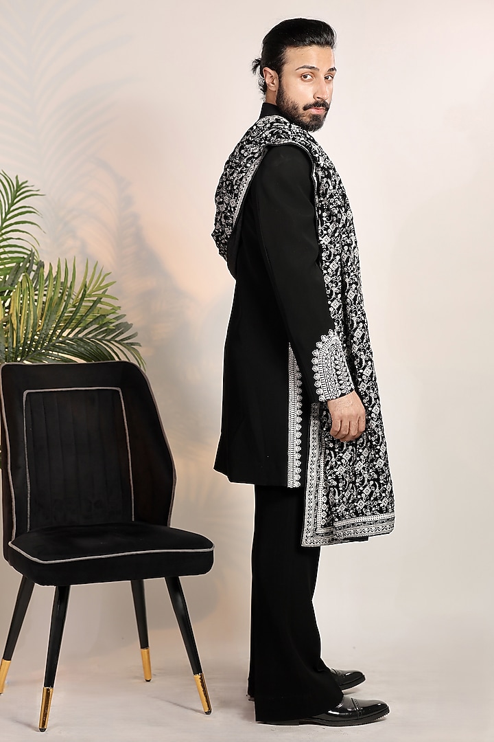 Black Magna Suiting Resham Embroidered Wedding Indowestern Set by Bharat Reshma at Pernia's Pop Up Shop