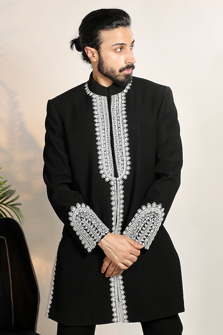 Black Magna Suiting Resham Embroidered Wedding Indowestern Set by Bharat Reshma at Pernia's Pop Up Shop