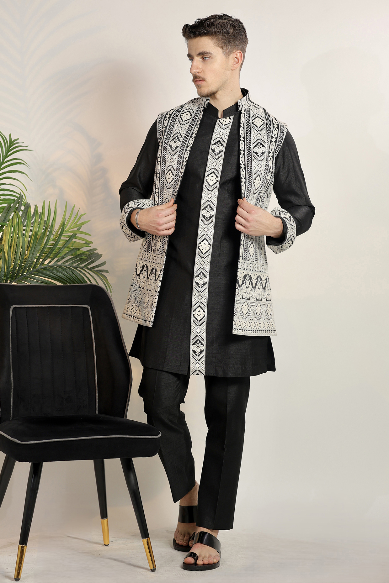 Black Magna Suiting Floral Thread Embroidered Nehru Jacket Set by Bharat Reshma