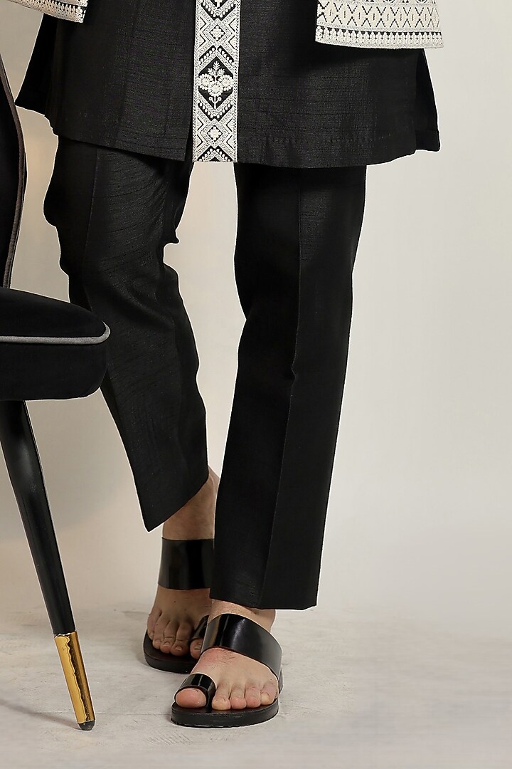 Black Magna Suiting Floral Thread Embroidered Nehru Jacket Set by Bharat Reshma at Pernia's Pop Up Shop