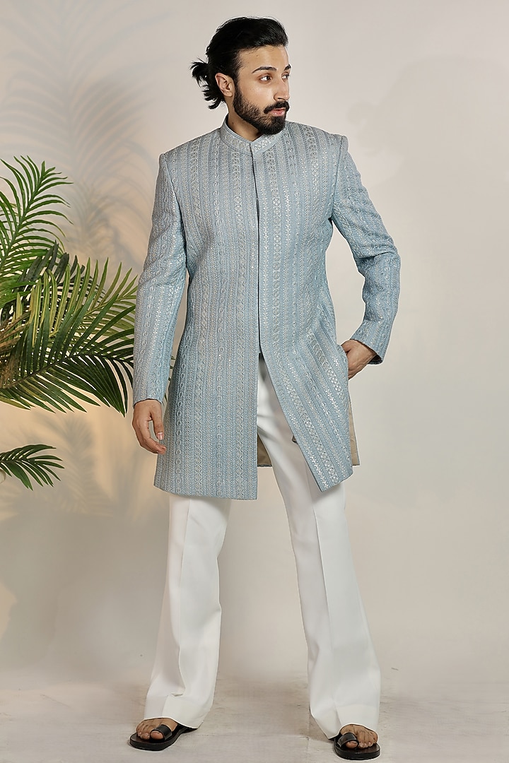 Sky Blue Raw Silk Zari & Thread Embroidered Wedding Indowestern Set by Bharat Reshma at Pernia's Pop Up Shop