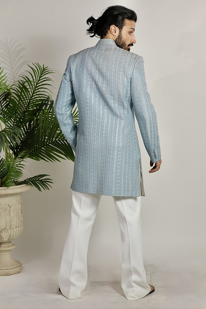 Sky Blue Raw Silk Zari & Thread Embroidered Wedding Indowestern Set by Bharat Reshma at Pernia's Pop Up Shop